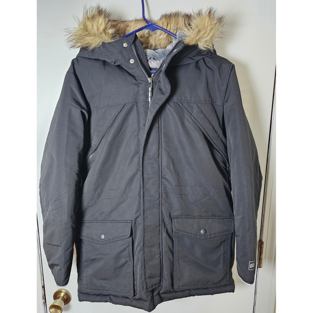 Gap Kids XXL PURE Primaloft Black Parka Faux Fur Hood Water Resistant Coat EUC